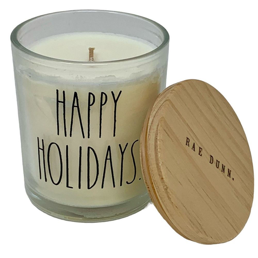 RAE DUNN Glass & Bamboo‎ HAPPY HOLIDAYS 10.5 oz Winter Pine Candle Soy Blend LL
